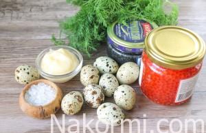 Quail eggs with red and black caviar